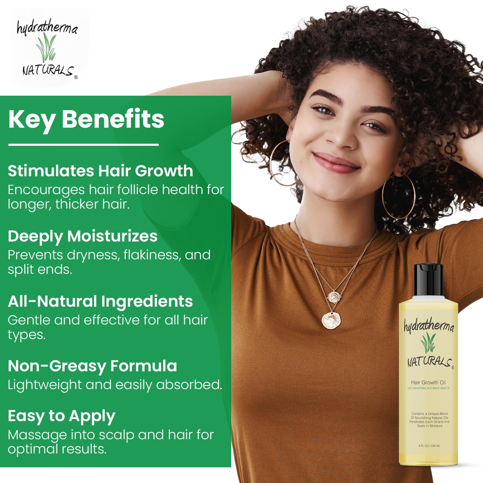 Hydratherma Naturals Hair Growth Oil product label highlighting all natural ingredients
