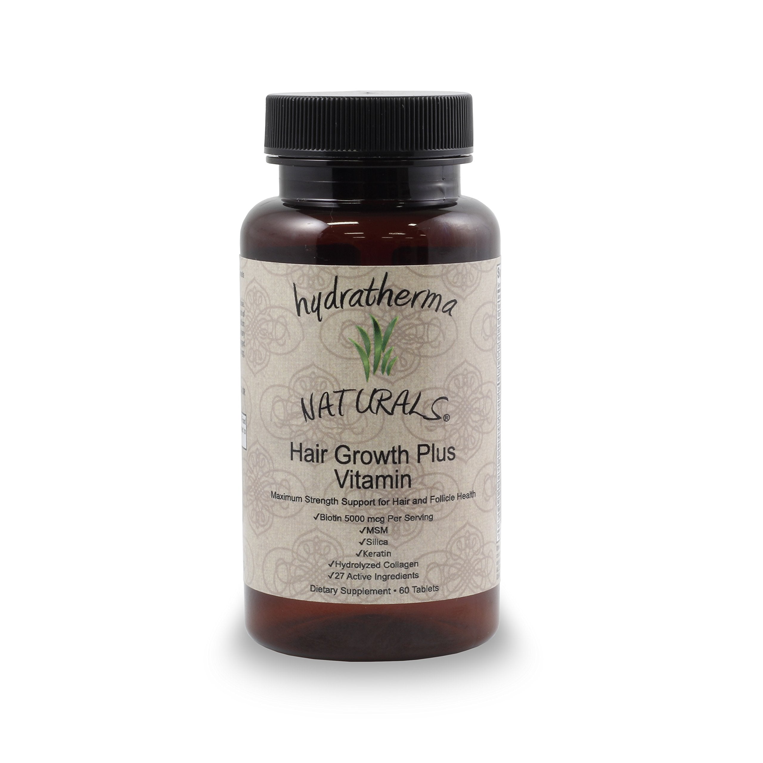 Hydratherma Naturals Hair Growth Plus bottle with water for convenient daily regimen.