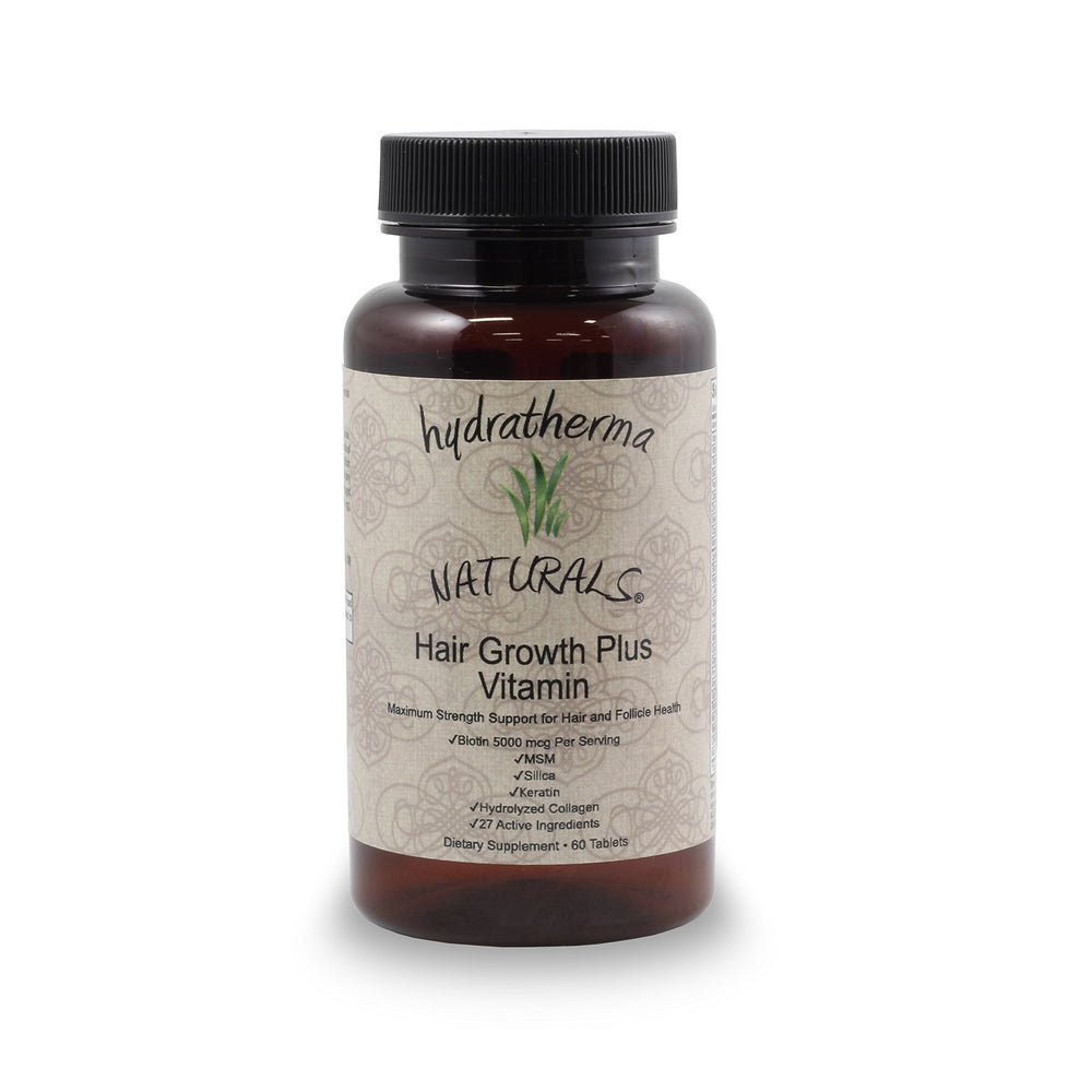 Hydratherma Naturals Hair Growth Plus bottle with water for convenient daily regimen.