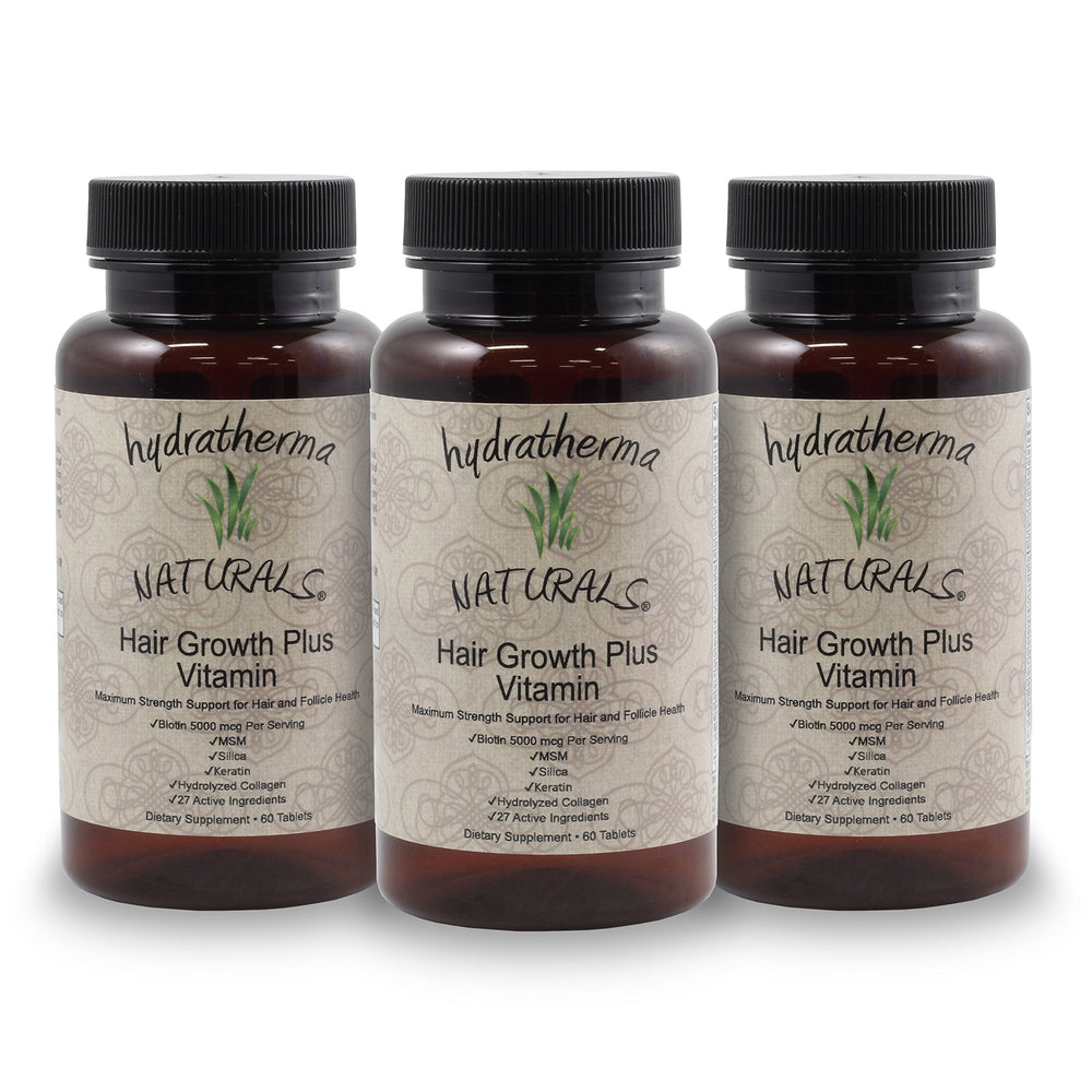 Close-up of Hydratherma Naturals Hair Growth Plus capsules for daily use.