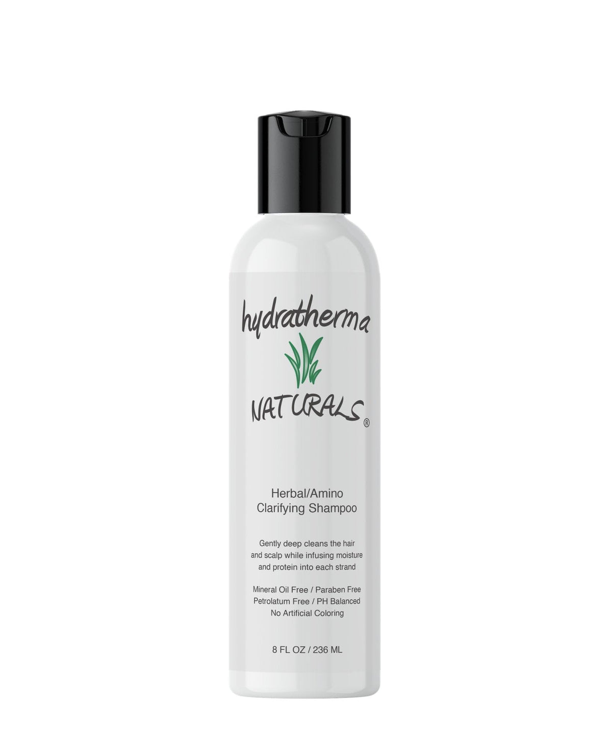 Hydratherma Naturals Herbal Amino Clarifying Shampoo bottle pouring, refreshing cleanse that respects natural oils.
