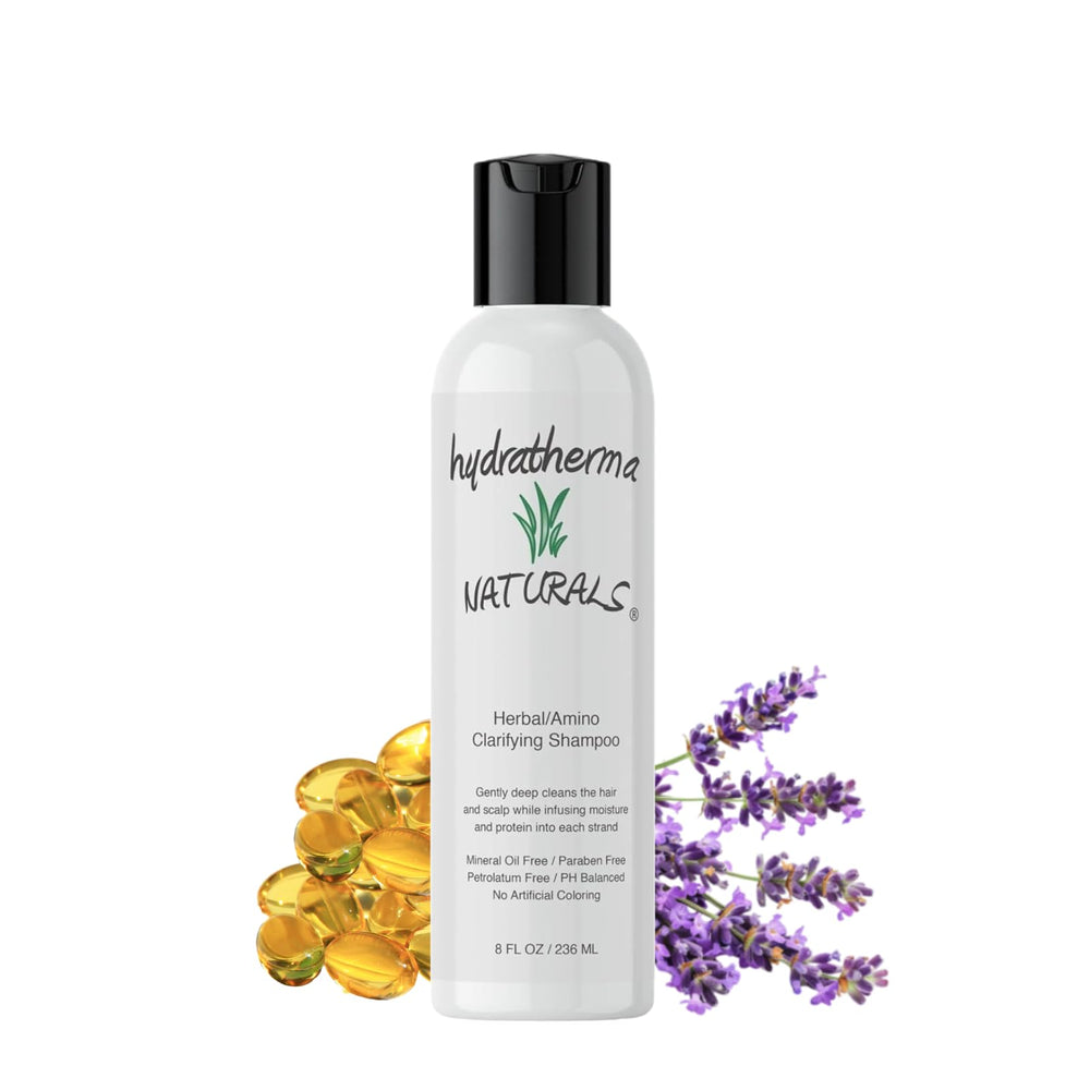 Hydratherma Naturals Herbal Amino Clarifying Shampoo ingredients—sage, nettle, witch hazel for gentle cleansing.