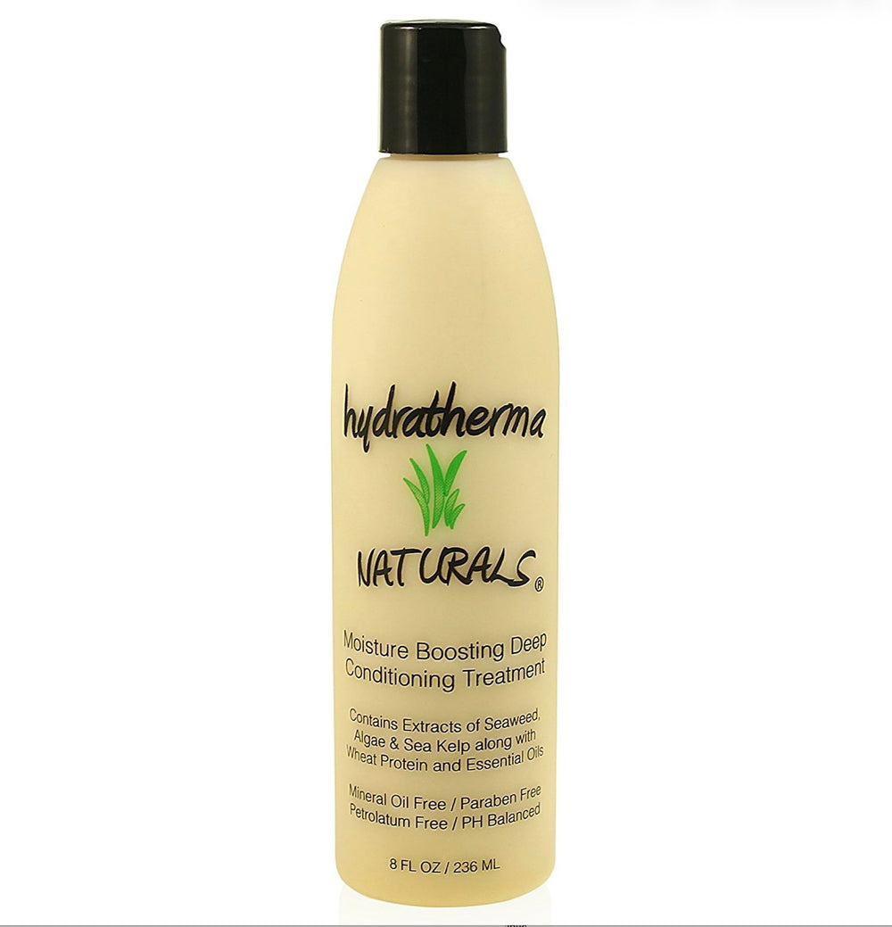 Hydratherma Naturals Moisture Boosting Deep Conditioning Treatment glass jar implies premium hydration.