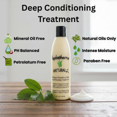 Hydratherma Naturals Moisture Boosting Deep Conditioning Treatment label closeup highlights natural ingredient blend.