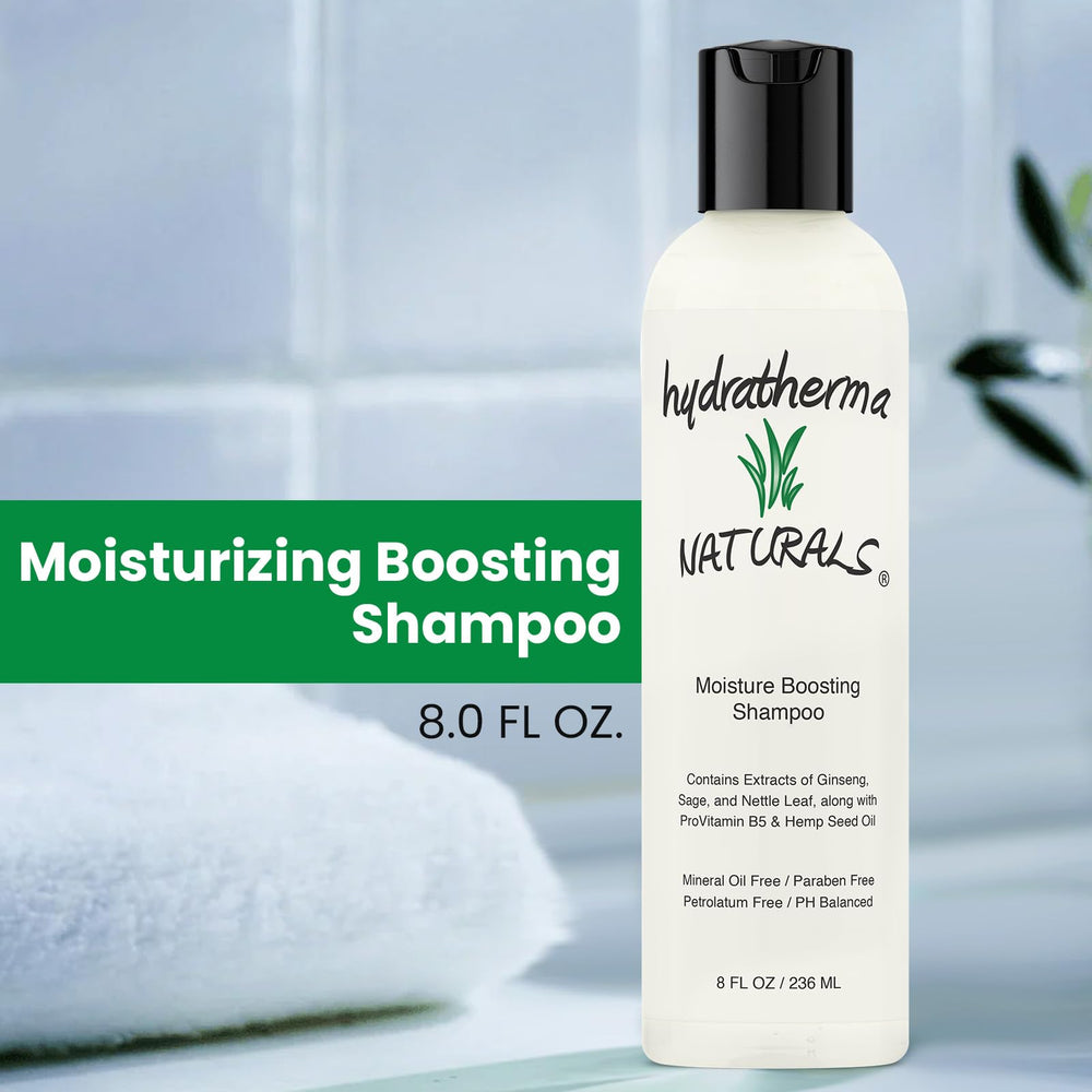 Hydratherma Naturals shampoo on hair conveying gentle cleansing and moisturization