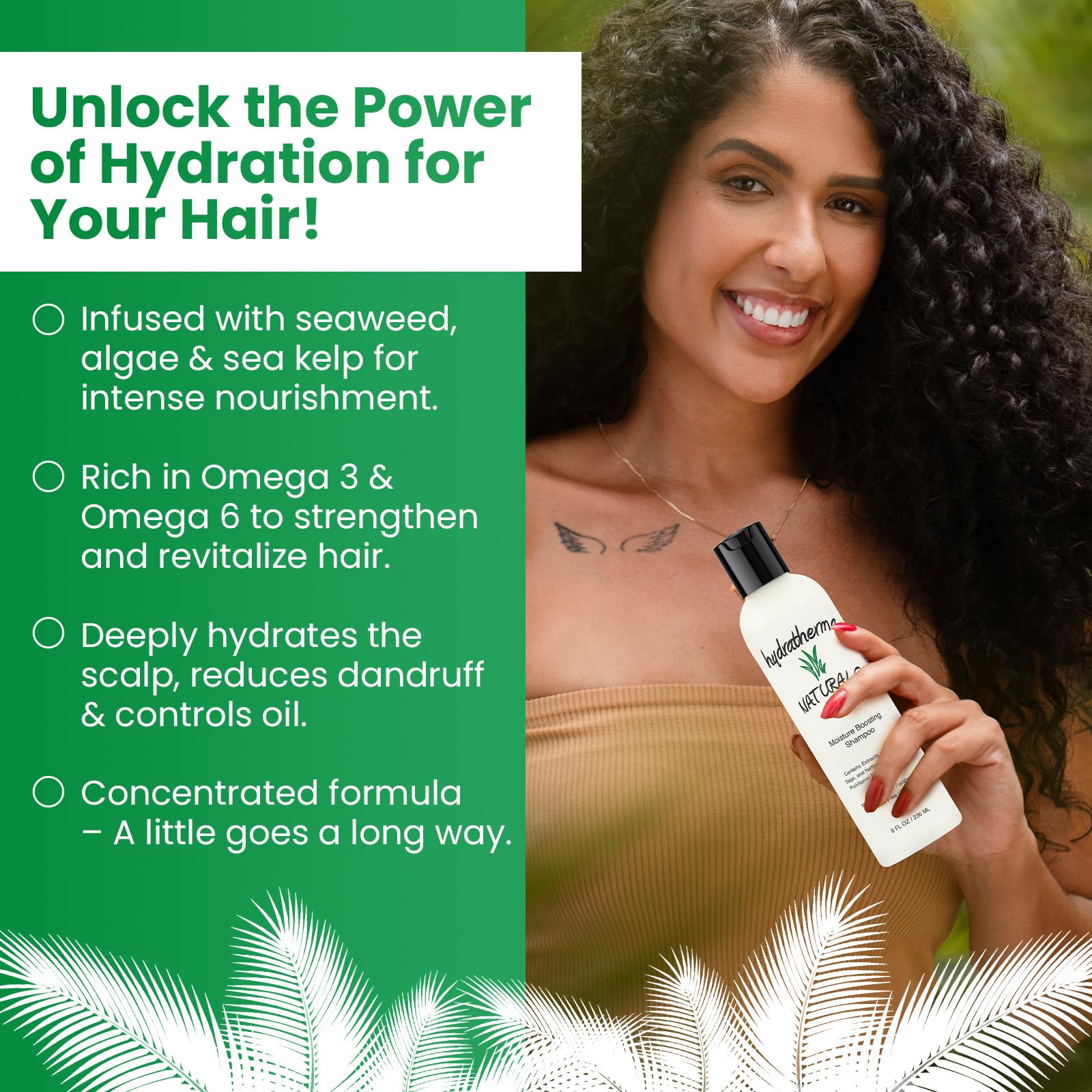 Close-up of Hydratherma Naturals bottle highlighting omega-3 and omega-6 benefits