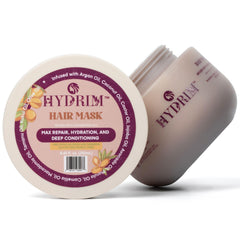 Hydrim Botanical Hydrating Hair Mask jar highlights deep conditioning for damaged hair