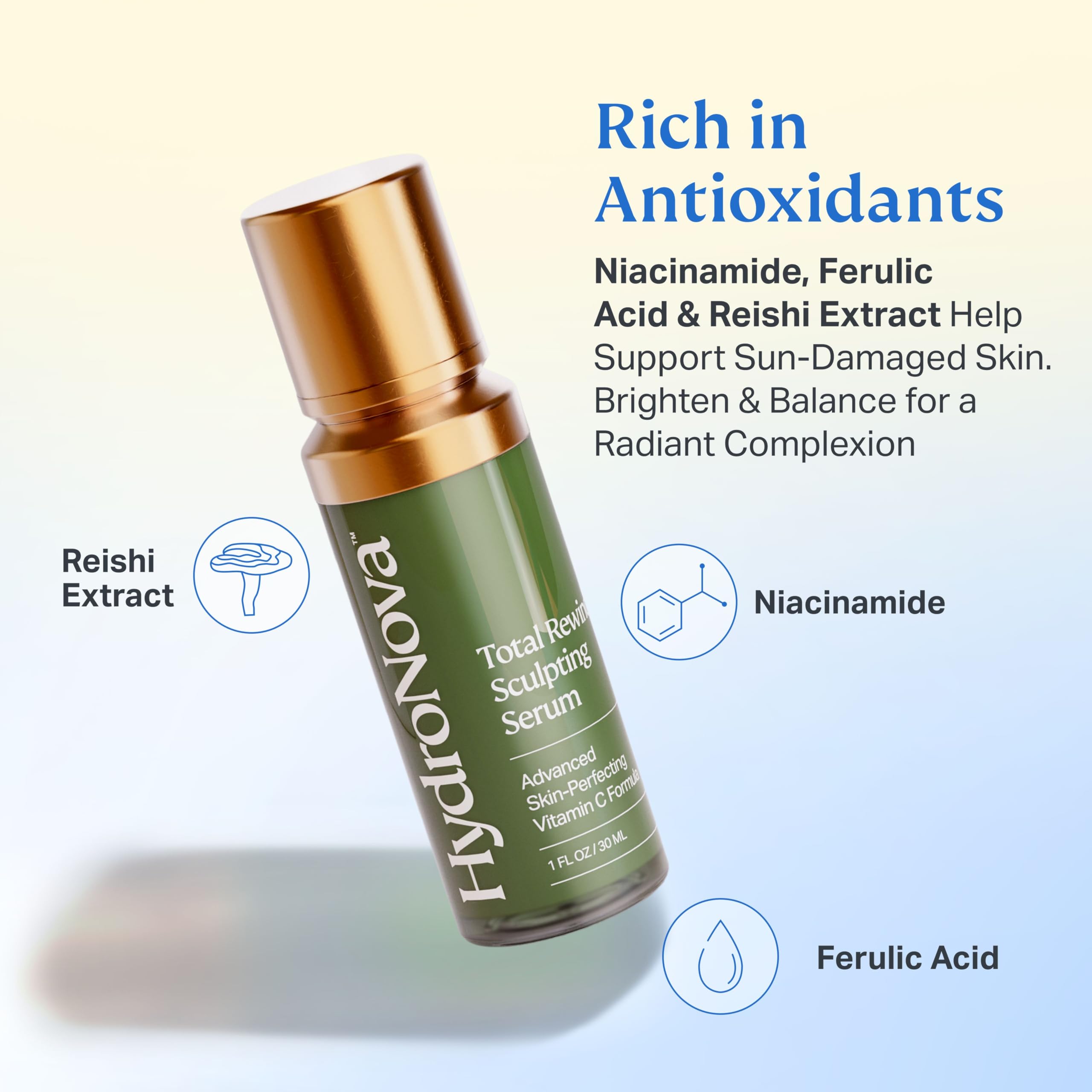 HYDRONOVA antioxidants ferulic and reishi highlight brightening potential.
