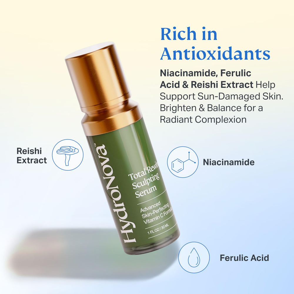 HYDRONOVA antioxidants ferulic and reishi highlight brightening potential.