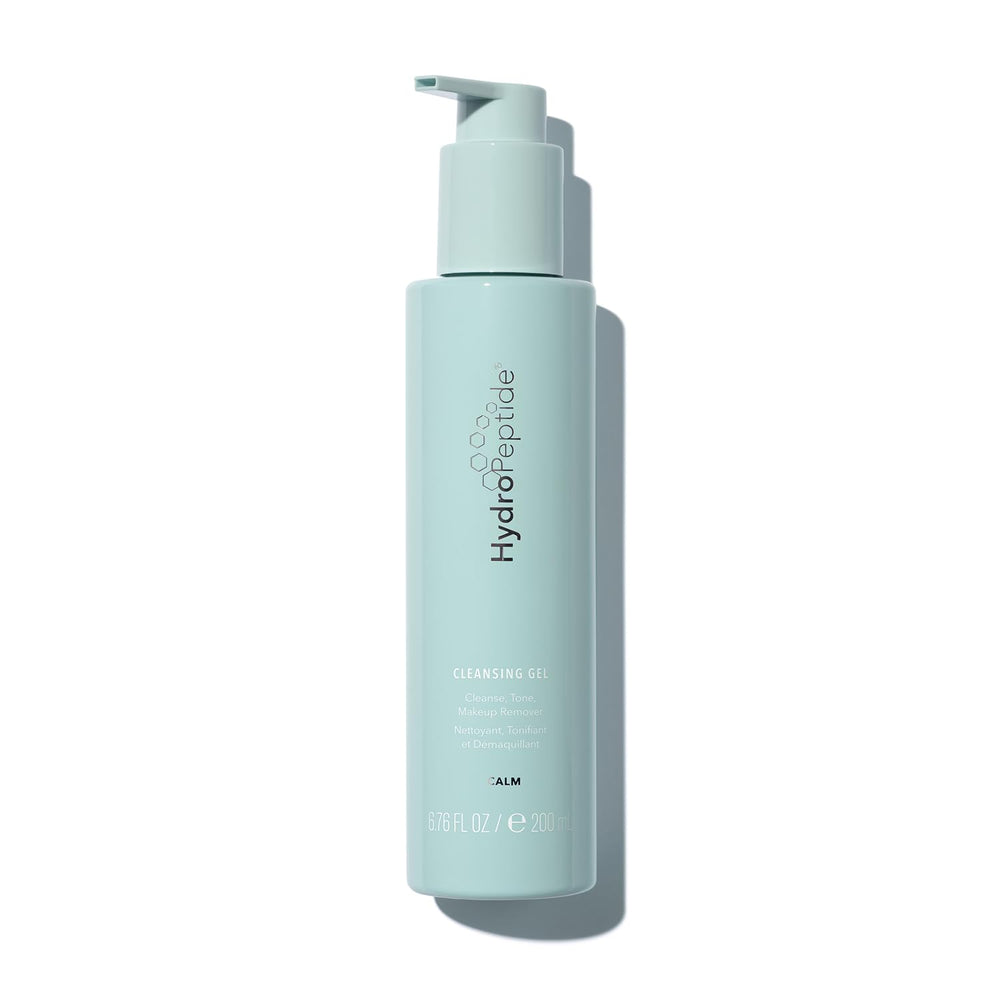 HydroPeptide Cleansing Gel bottle packaging highlights a gentle, sulfate-free formula for everyday makeup removal.
