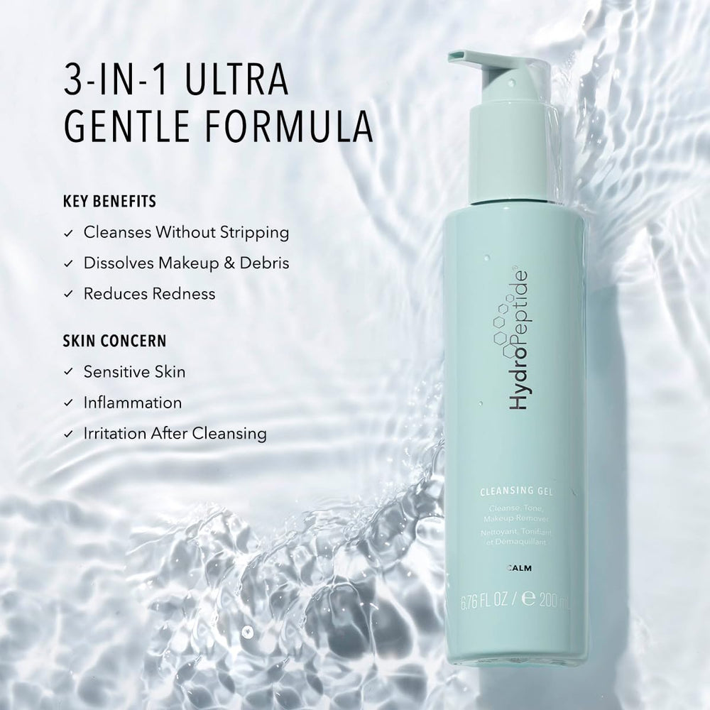 HydroPeptide Cleansing Gel foam close-up reveals a rich, moisturizing lather for sensitive skin.