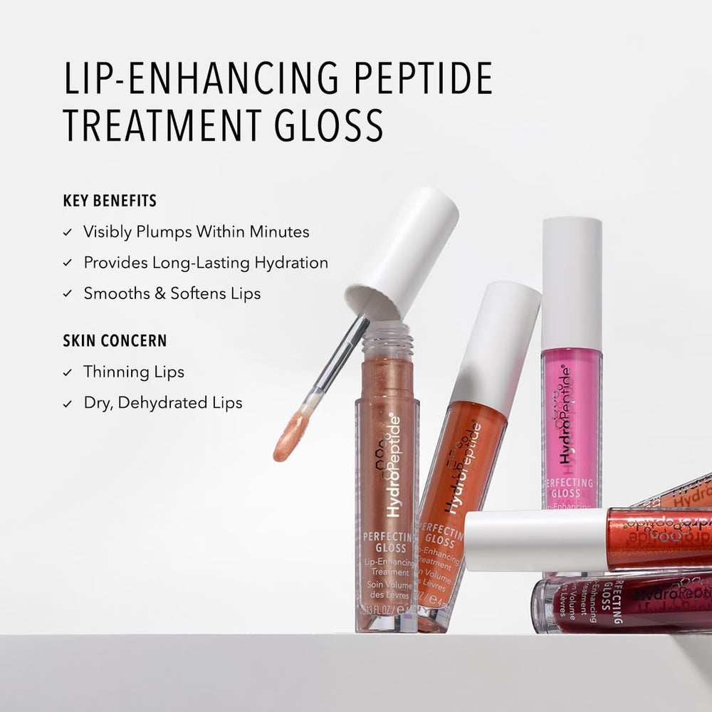 HydroPeptide Perfecting Gloss application-closeup shows fuller lips with smooth, defined edges.