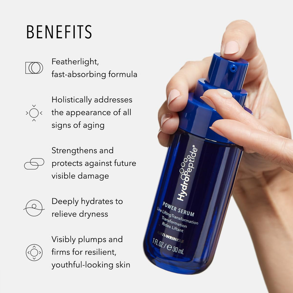 HydroPeptide Power Serum application on hand shows wrinkle-reducing peptide blend