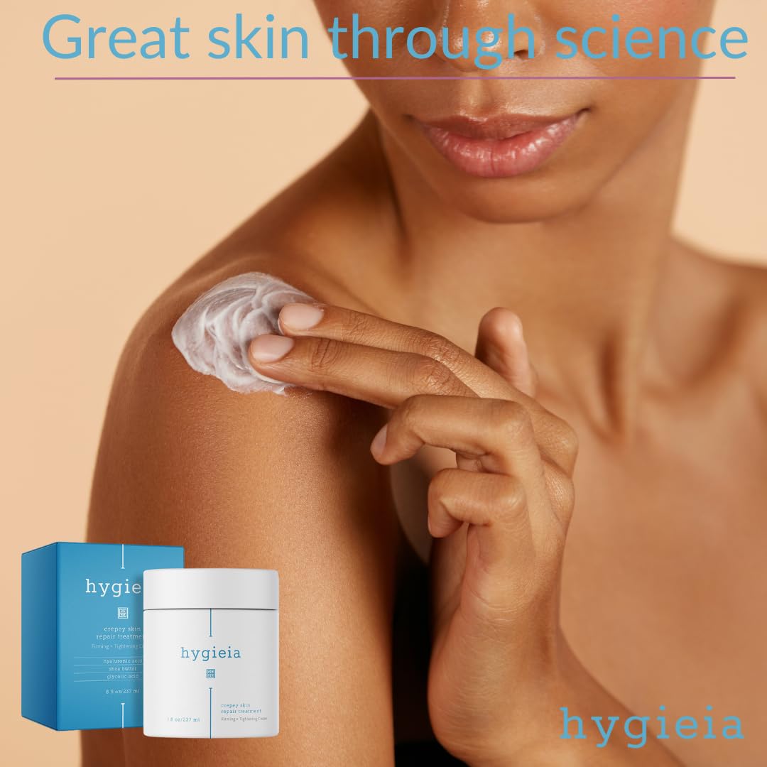 Hygieia crepey skin cream on bathroom shelf ready for routine.