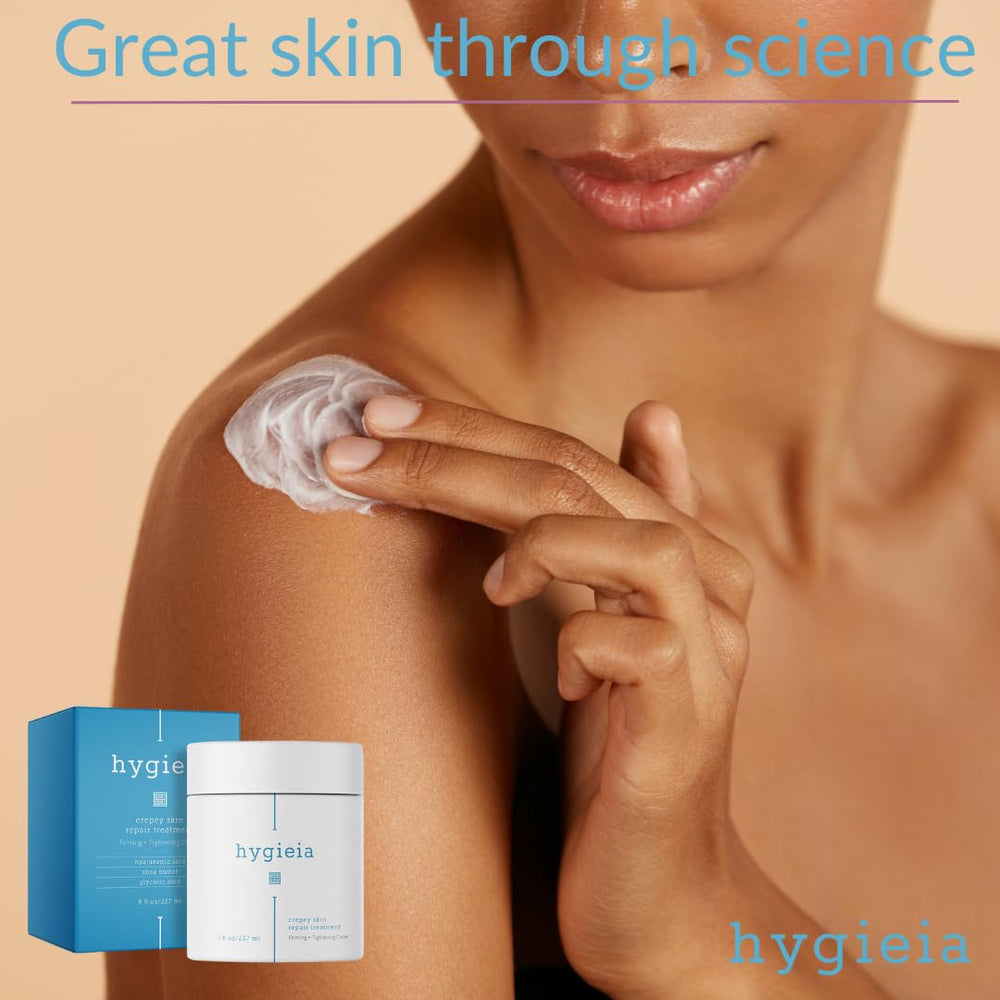 Hygieia crepey skin cream on bathroom shelf ready for routine.