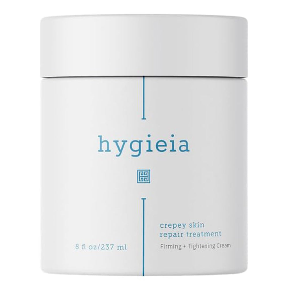 Hygieia crepey skin cream bottle shows hydrating formula for smoother skin.