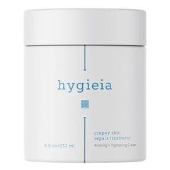 Hygieia crepey skin cream bottle shows hydrating formula for smoother skin.