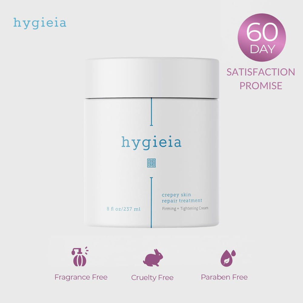 Hygieia crepey skin cream label close-up highlights natural oils.