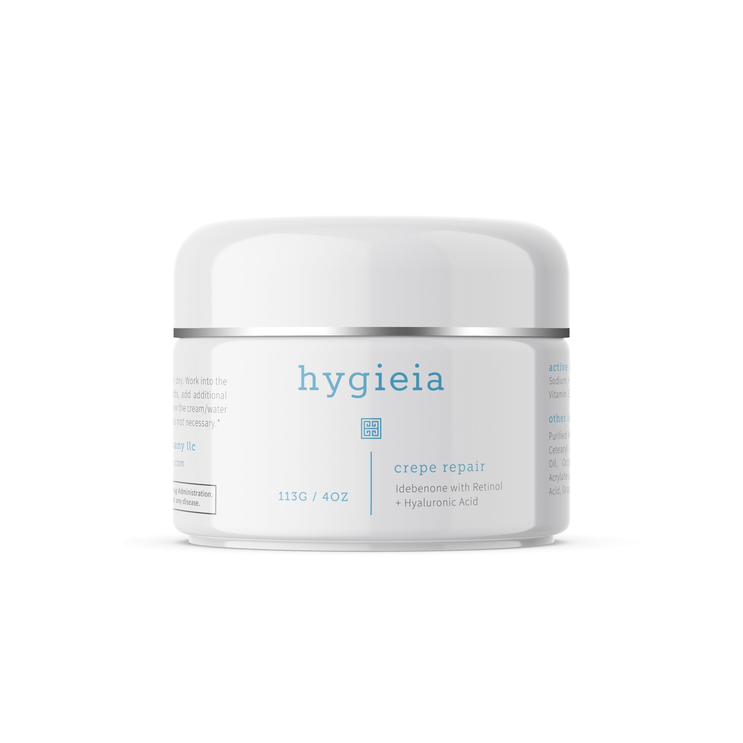 Hygieia liposomal repair cream bottle suggests smoother, firmer skin for arms, neck, and body