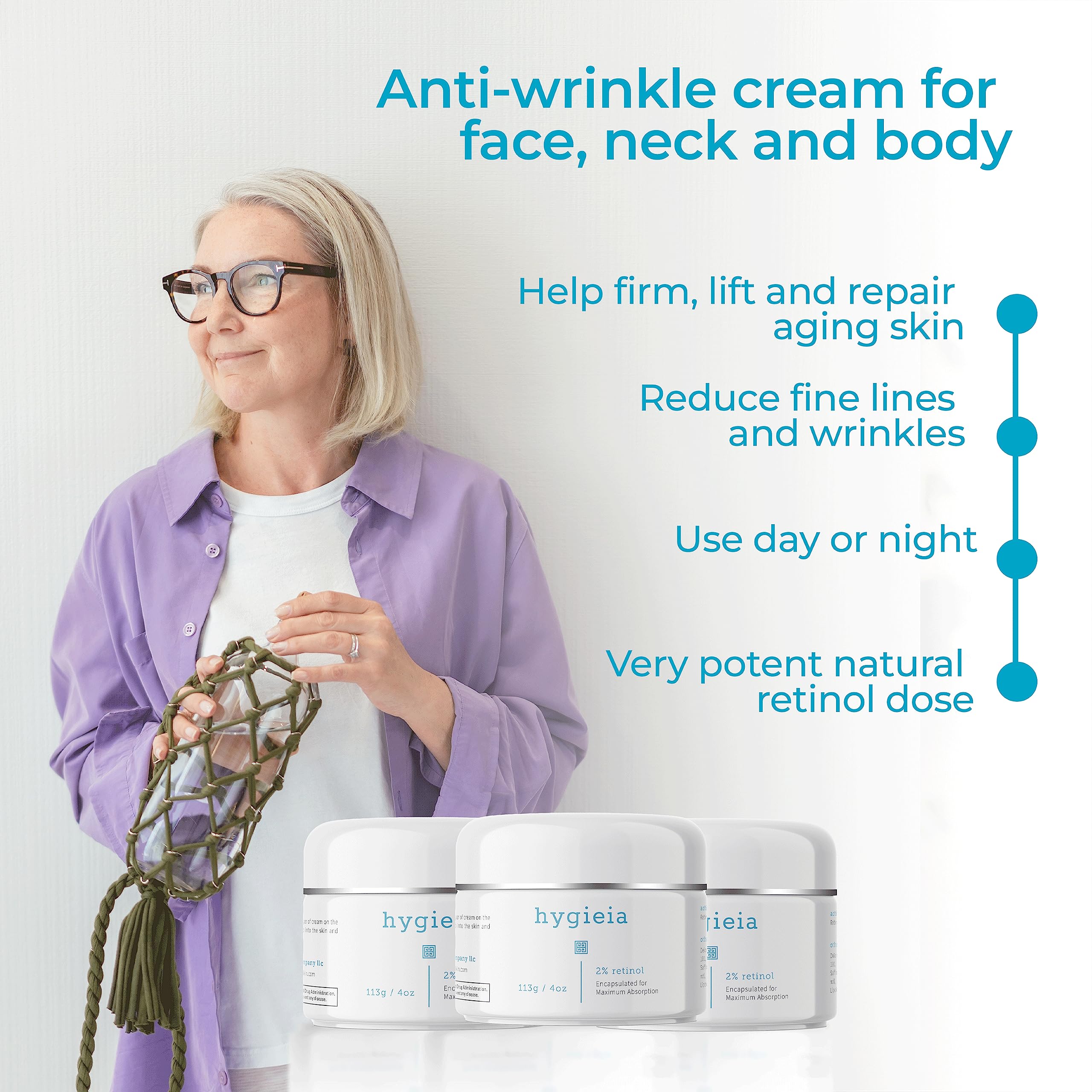 Hygieia+ encapsulated two-percent retinol cream jar showing generous 4oz size