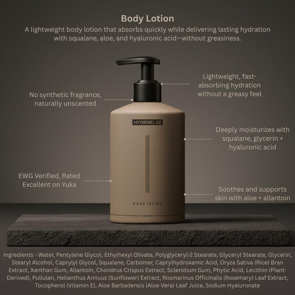 HygieneLab lotion close-up highlights quick absorption and non-greasy finish