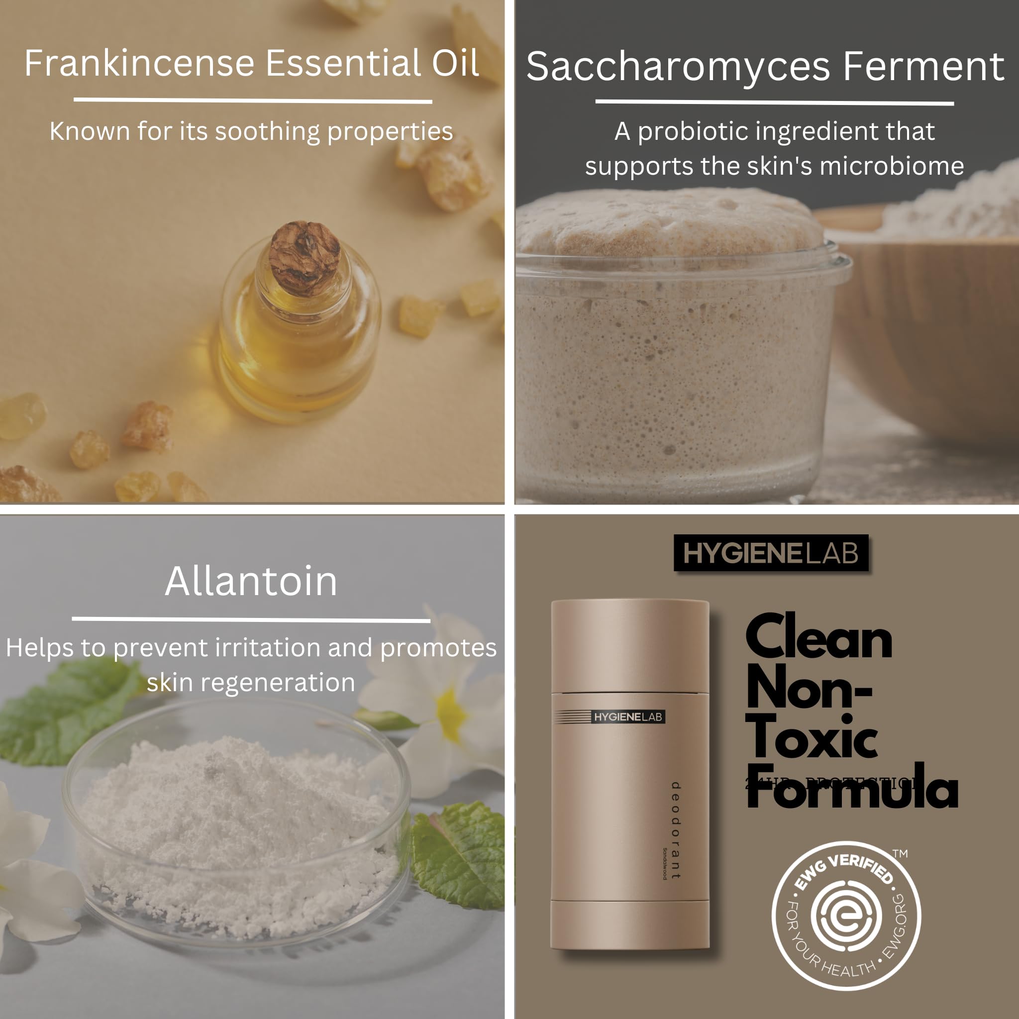 Natural ingredient list on HygieneLab deodorant emphasizes paraben- and fragrance-free design.