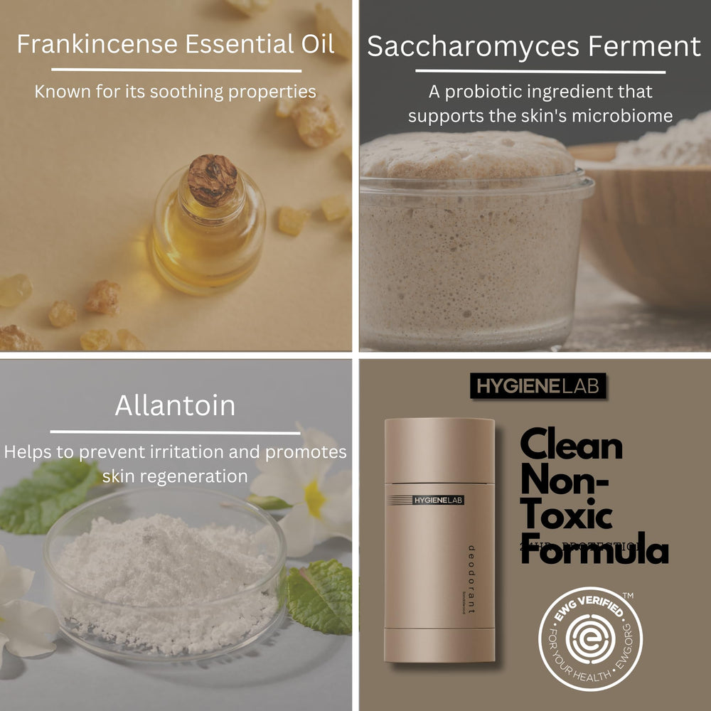 Natural ingredient list on HygieneLab deodorant emphasizes paraben- and fragrance-free design.