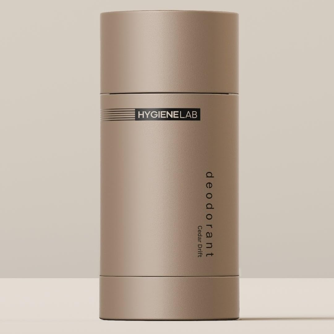HygieneLab Men's Cedar Drift deodorant bottle close-up showing aluminum-free formula and essential oils