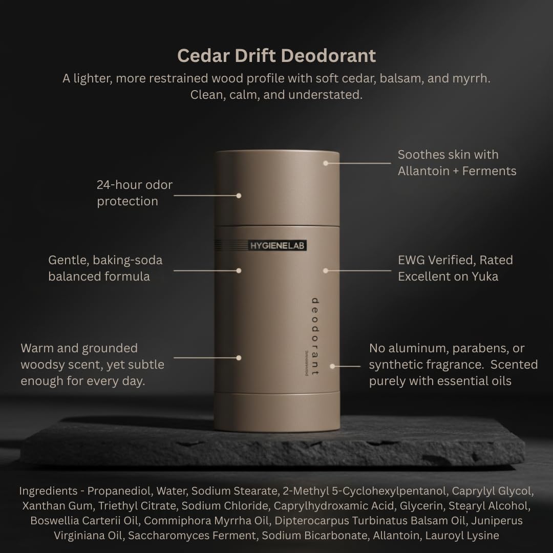 HygieneLab Cedar Drift packaging image highlighting EWG Verified status and non-toxic ingredients