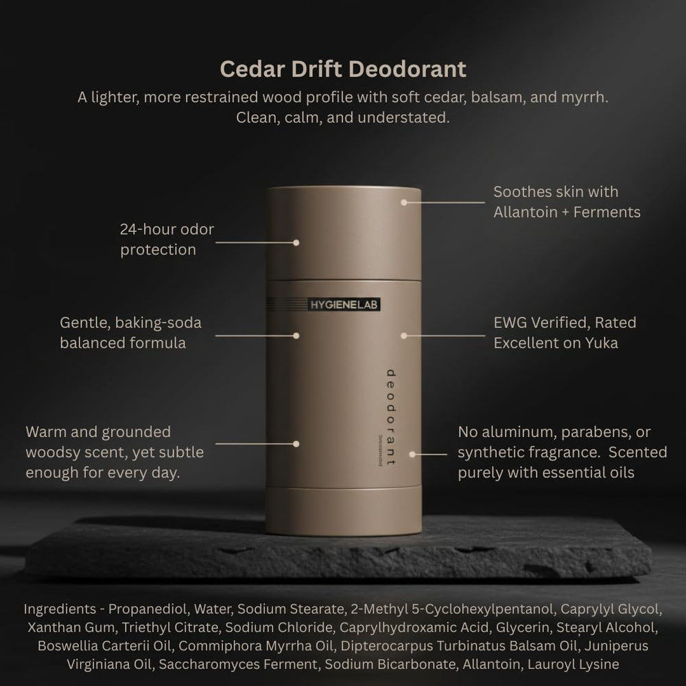 HygieneLab Cedar Drift packaging image highlighting EWG Verified status and non-toxic ingredients