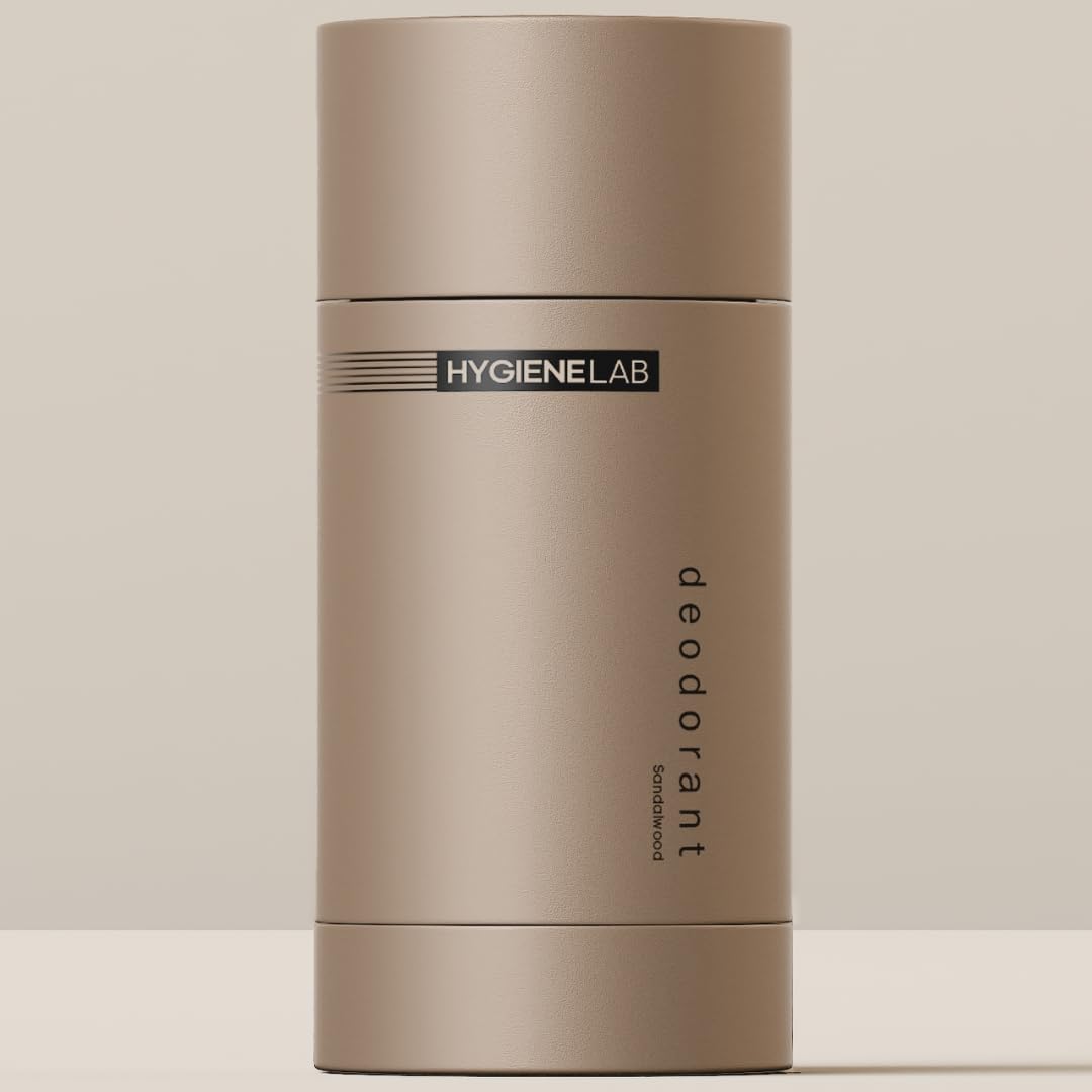 HygieneLab Men’s deodorant packaging with sandalwood scent and safe-label emphasis.