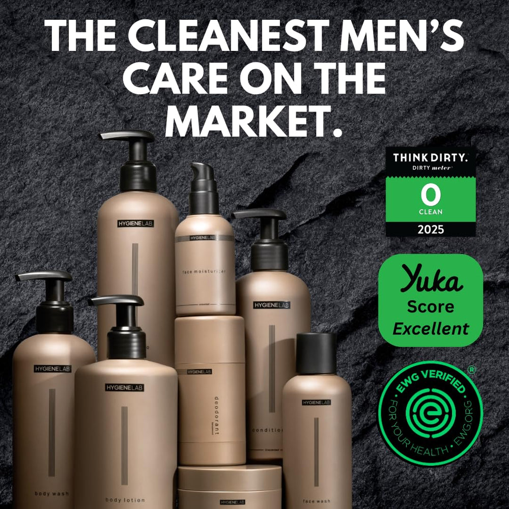 HygieneLab men's natural body wash eco packaging emphasizes California-made transparency.
