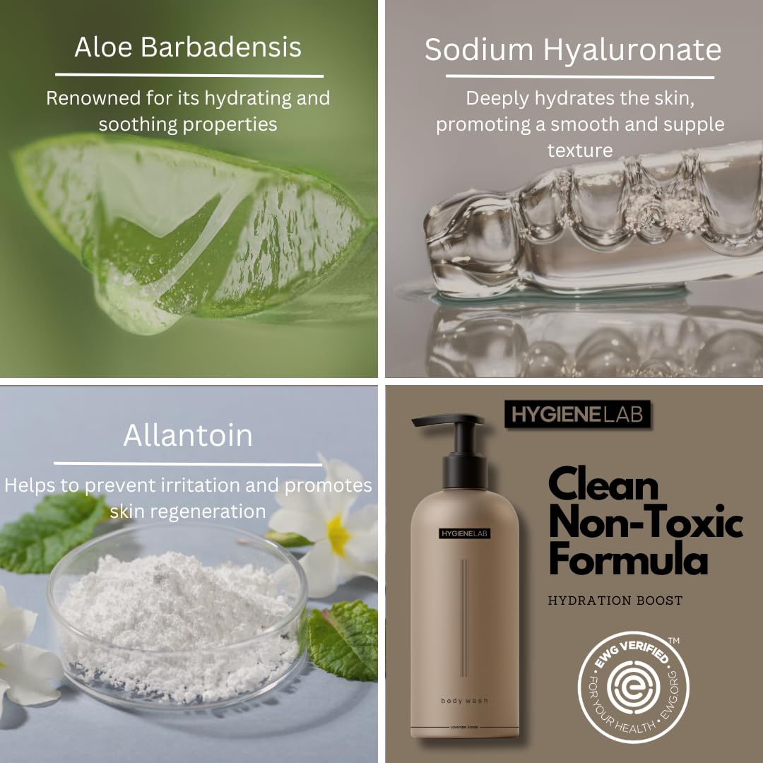 HygieneLab men's natural body wash ingredients card highlights Aloe Vera and hyaluronate.
