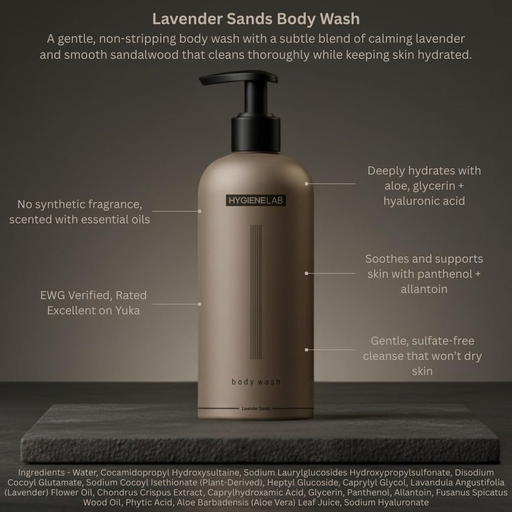 HygieneLab men's natural body wash ingredients card highlights Aloe Vera and hyaluronate.