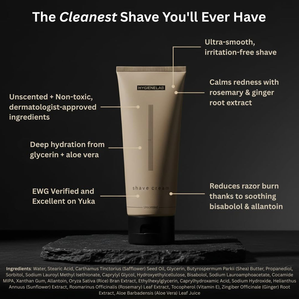HygieneLab Shaving Cream provides aloe vera hydration for sensitive skin.