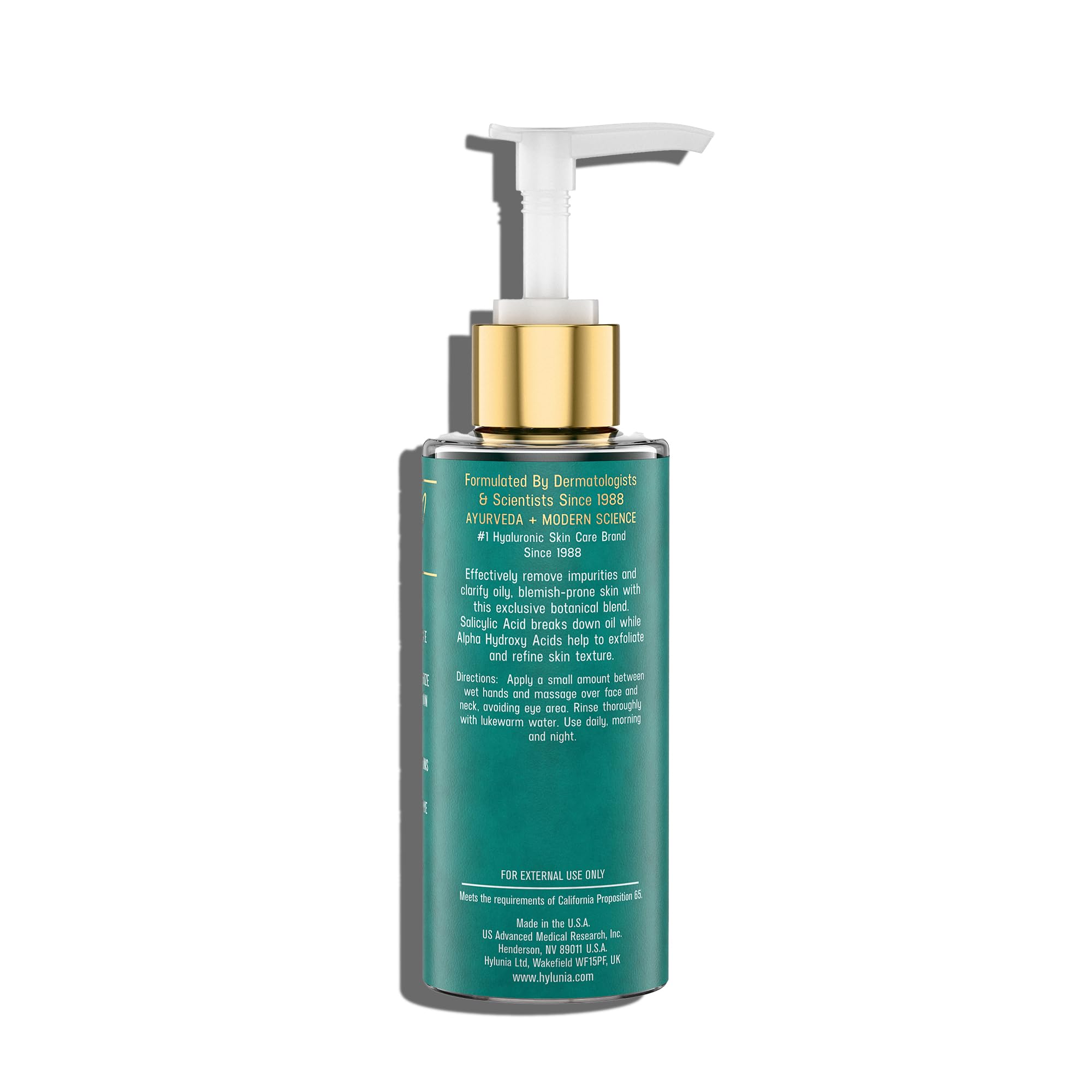 Close-up of Hylunia gel bottle showing gentle pore cleansing for blemish-prone skin.