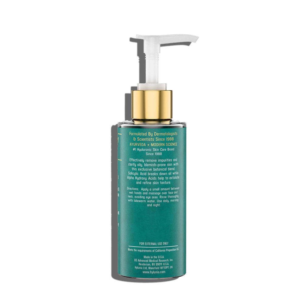 Close-up of Hylunia gel bottle showing gentle pore cleansing for blemish-prone skin.