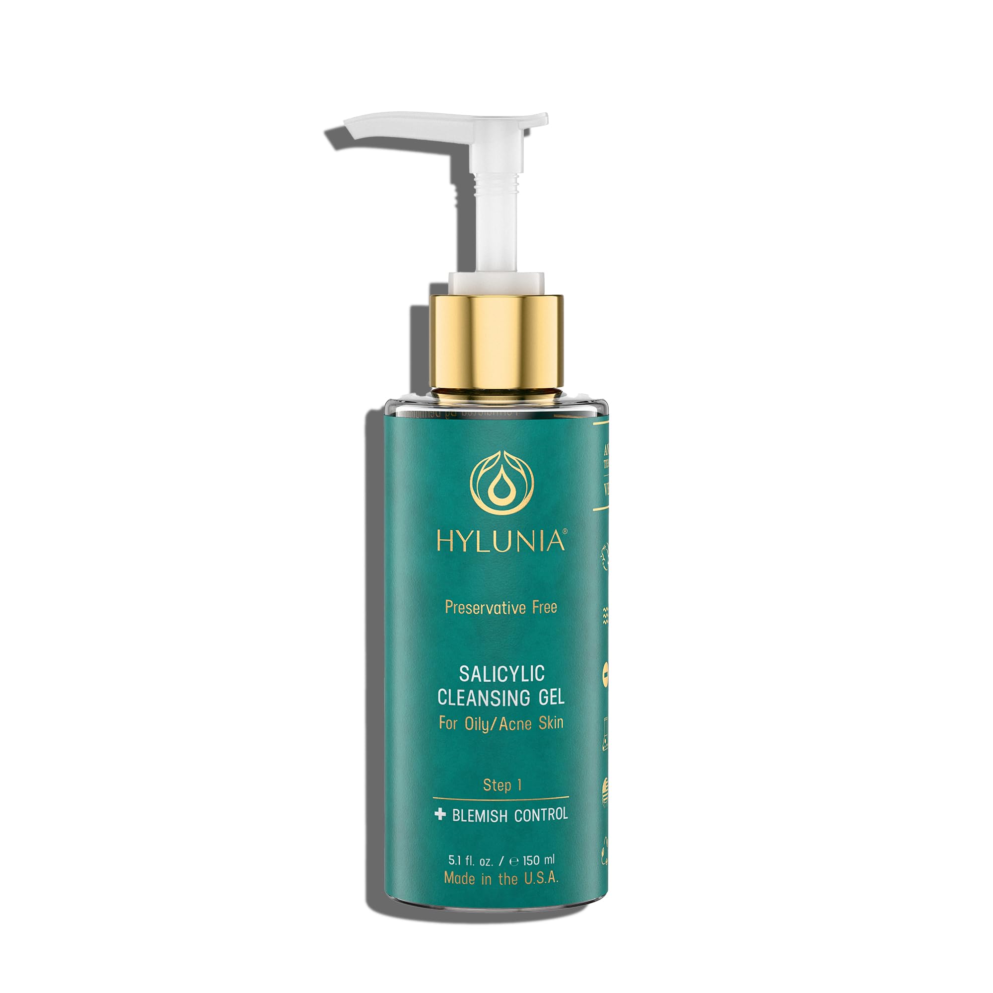 Hylunia Salicylic Cleansing Gel bottle being poured for oil-control cleansing.