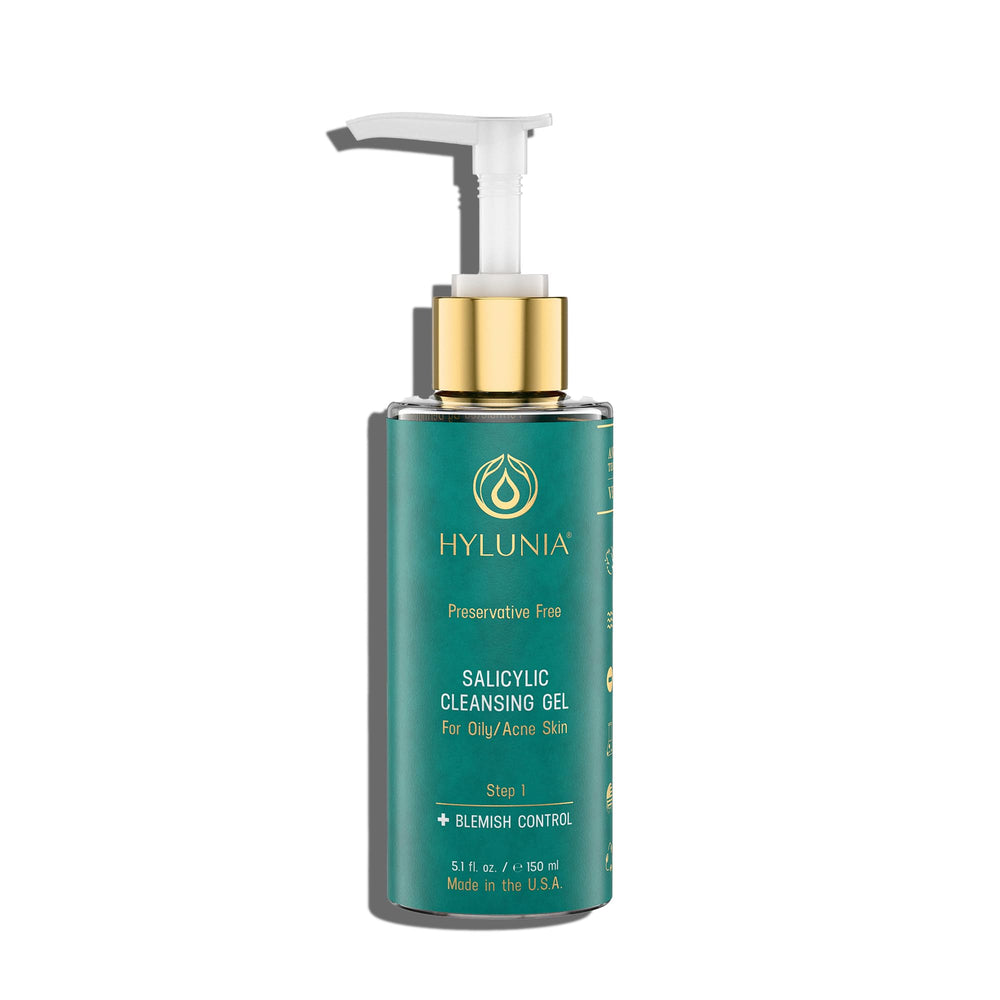 Hylunia Salicylic Cleansing Gel bottle being poured for oil-control cleansing.