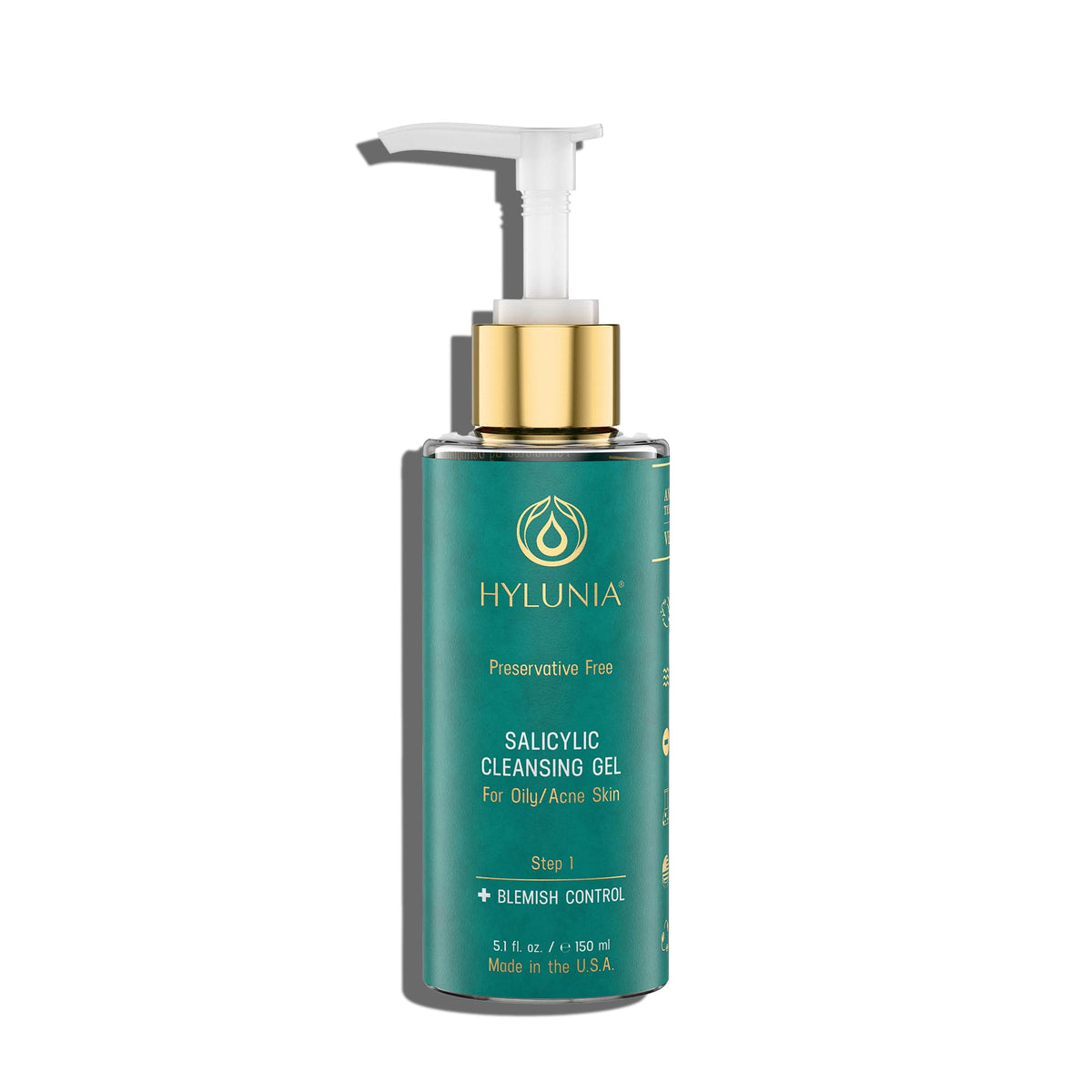 Hylunia Salicylic Cleansing Gel bottle being poured for oil-control cleansing.