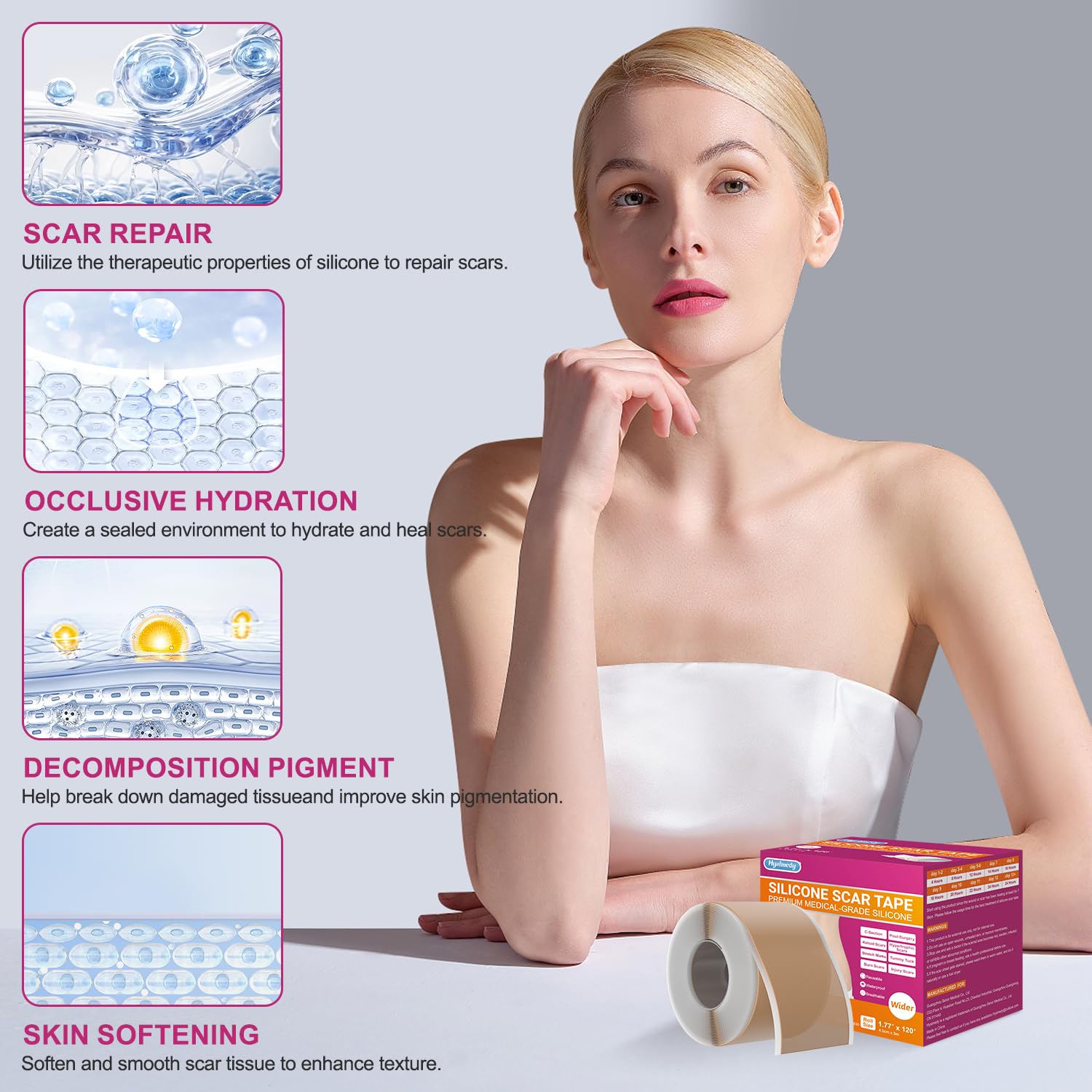 Hysimedy tape provides breathable, comfortable wear with gentle adhesion.