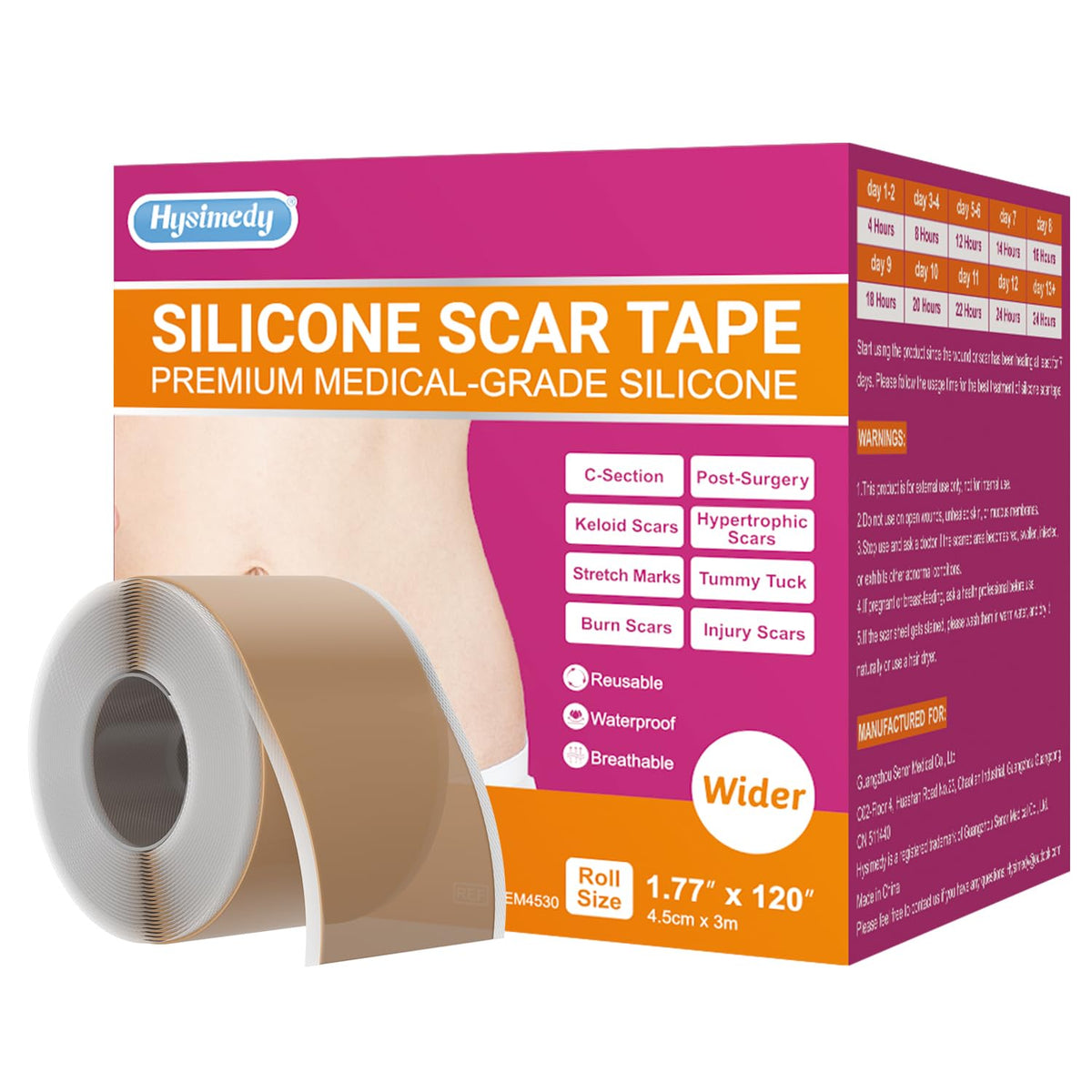 Hysimedy silicone scar tape on surgical scar for broad coverage and smoother texture.