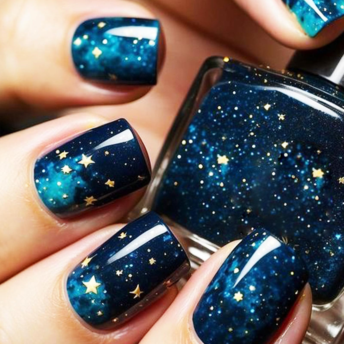 HZJXRT Starry Sky Nails with Milky Way gradient, glossy finish for a chic party-ready look.
