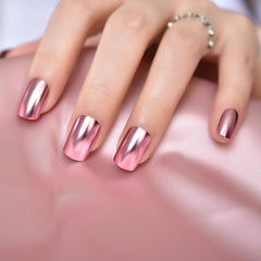 iBeautying Cool Sweet Metal Pink press-on nails with glossy finish for daily wear