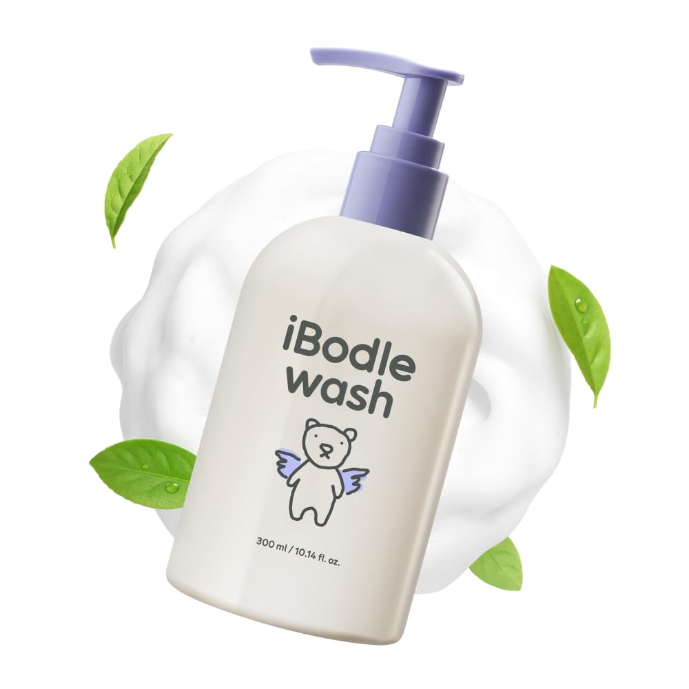 iBodle Deep Cleansing Kids Wash bottle pour showing easy dispensing for bath time