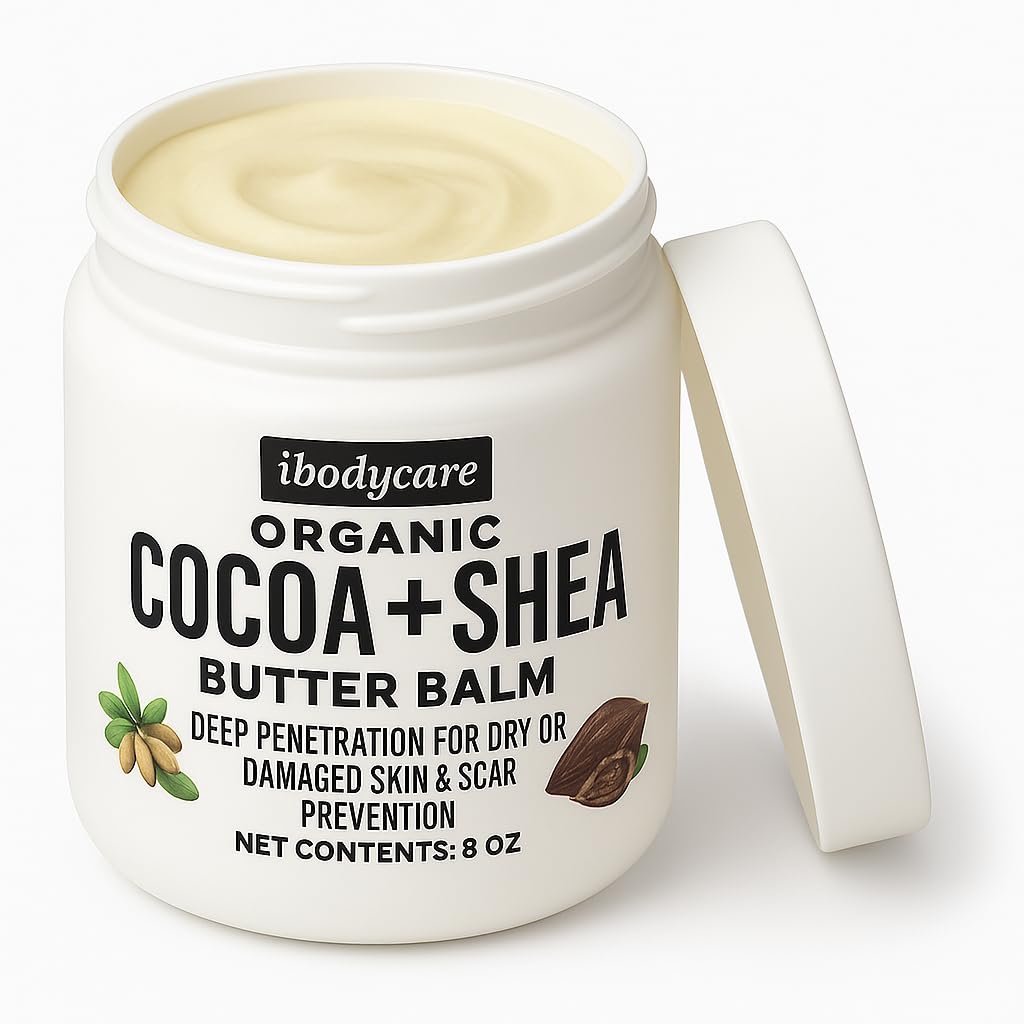 ibodycare Organic Raw Shea Butter Cocoa Butter Body Balm jar shows rich texture for deep hydration.