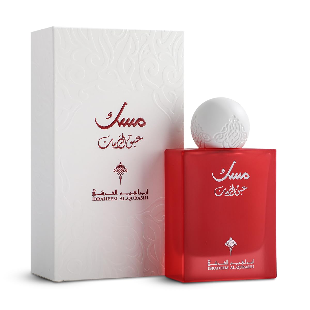 IBRAHEEM AL.QURASHI Abaq Pomegranate Musk bottle on display; versatile unisex fragrance.