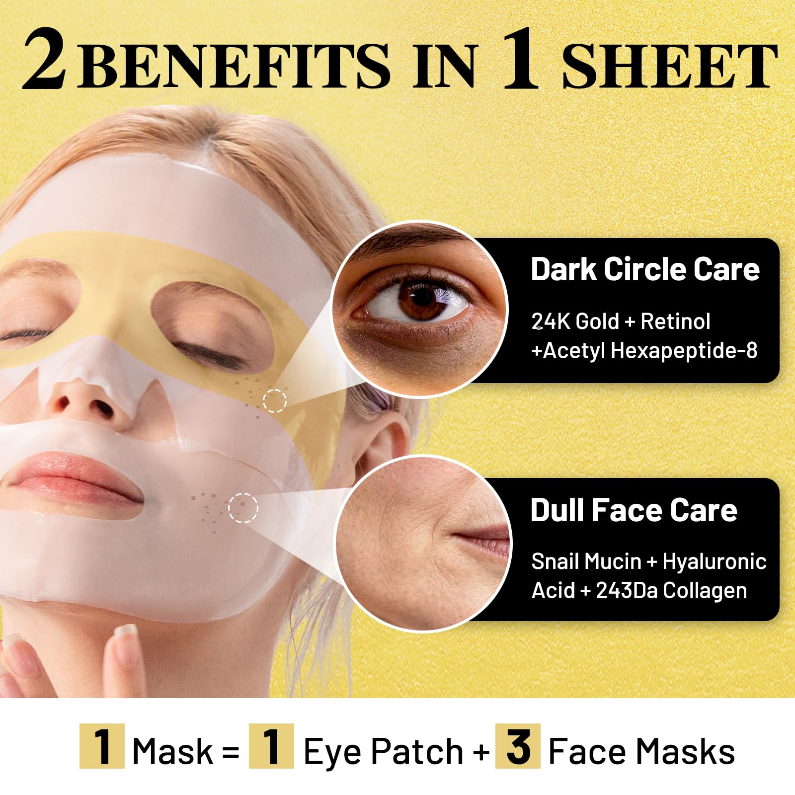 ICIKOL 2-in-1 hydrogel mask with eye patches for refreshed eyes and time-saving routine.