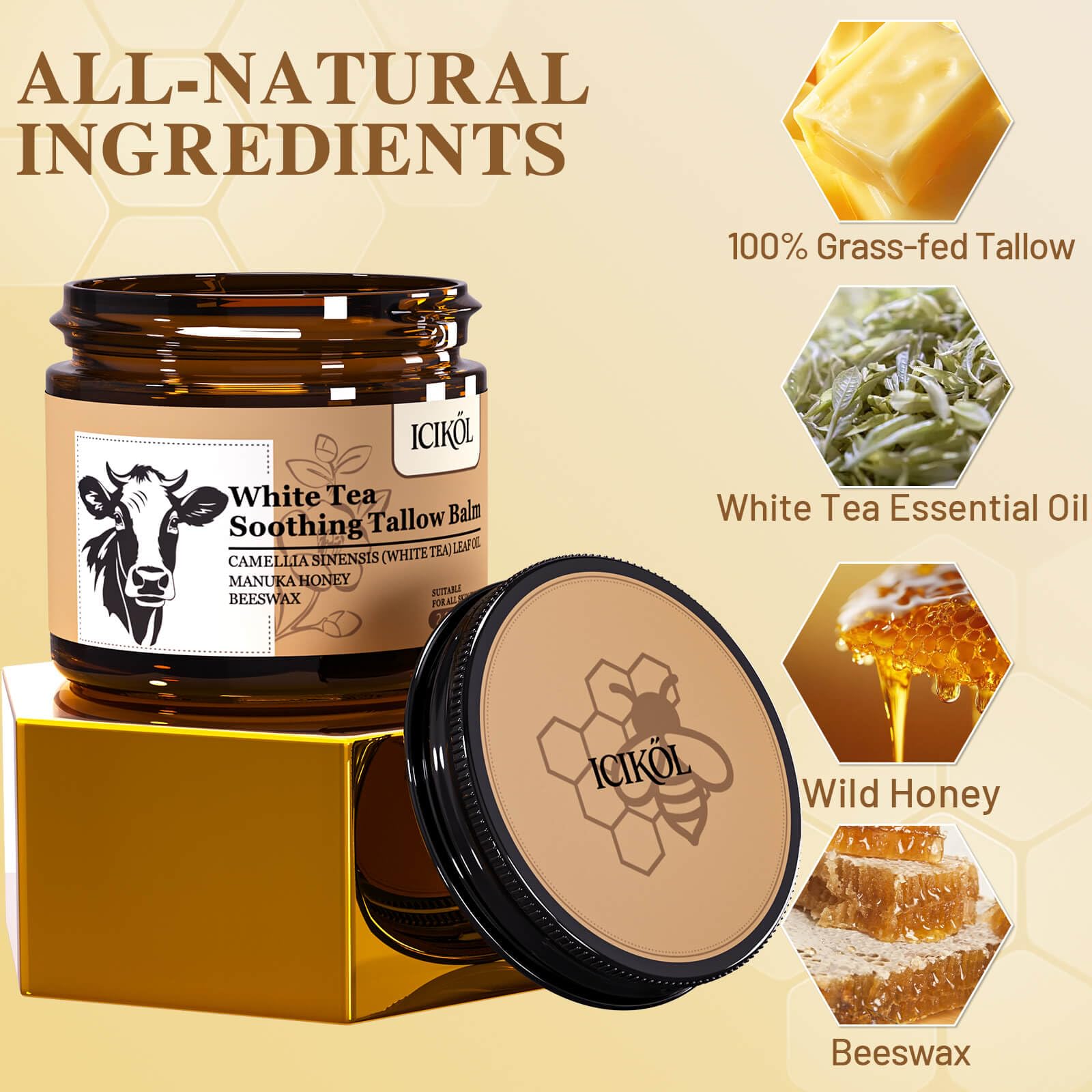 ICIKOL Beef Tallow Honey Balm texture close-up shows creamy, fast-absorbing moisture.