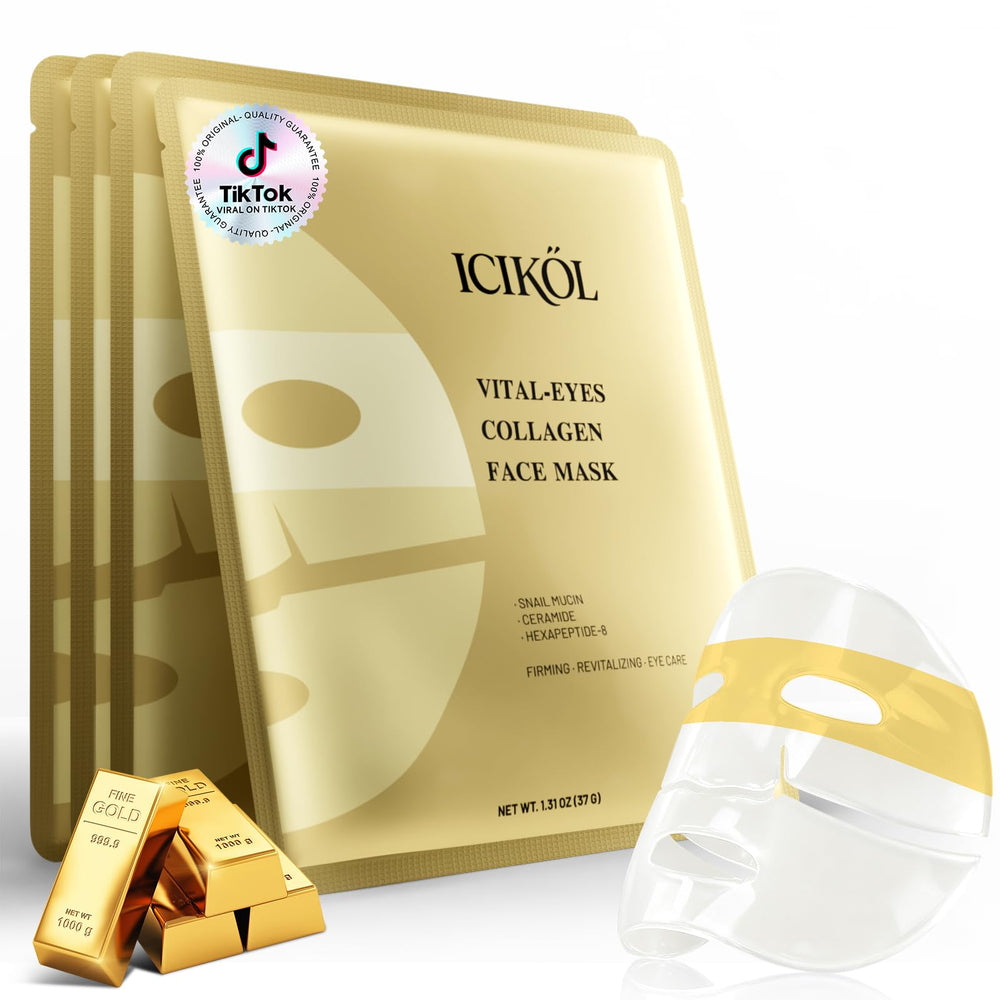 ICIKOL Collagen Mask with 24K Gold and Snail Mucin provides full-face hydration for radiant skin.